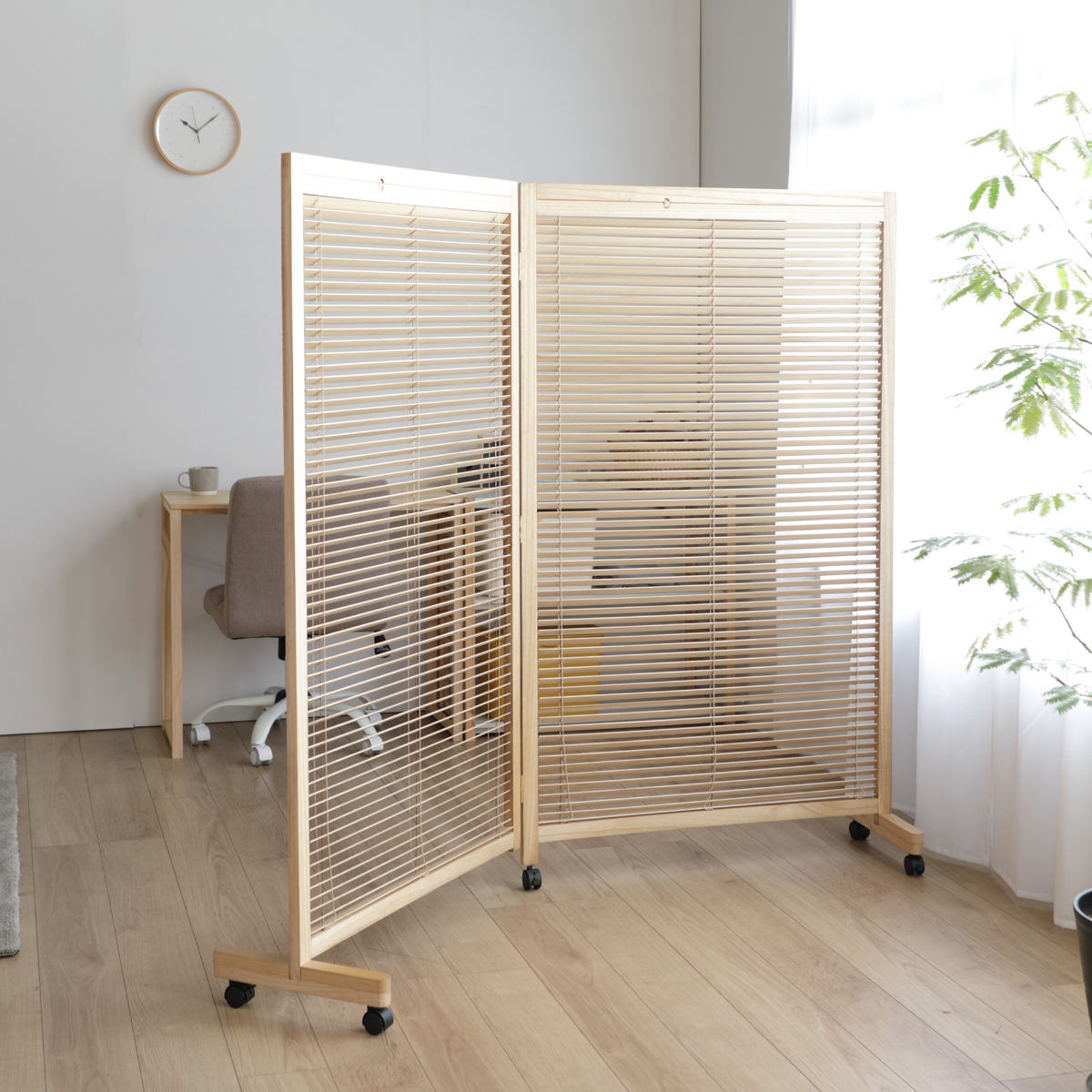 衝立 2連 高さ155cm ナチュラル ルーバータイプ （ パーテーション