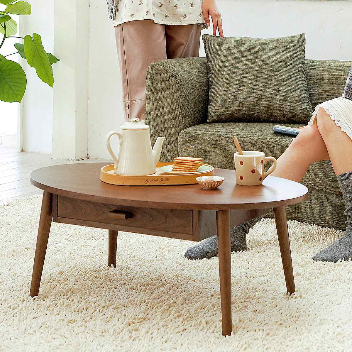 センターテーブル 幅80cm 木製 引き出し オーバル （ リビングテーブル