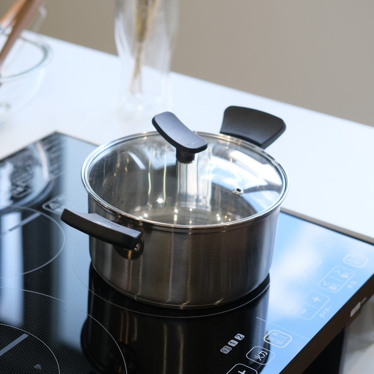 両手鍋 18cm IH対応 チーノ ステンレス製 3層底 ガラス蓋付き （ なべ