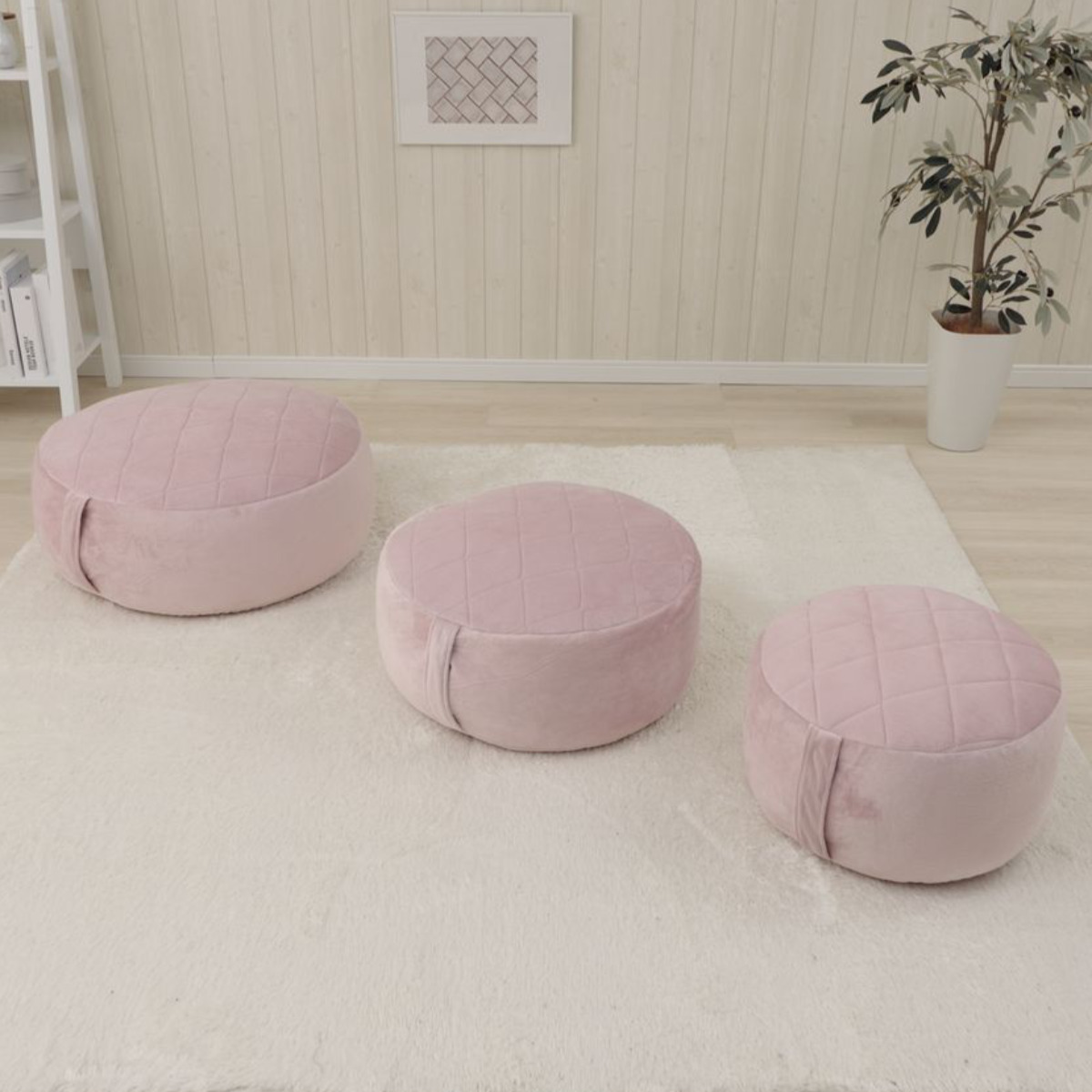 ビーズクッション 丸型 XLサイズ 側面キルト 持ち手付 （ クッション