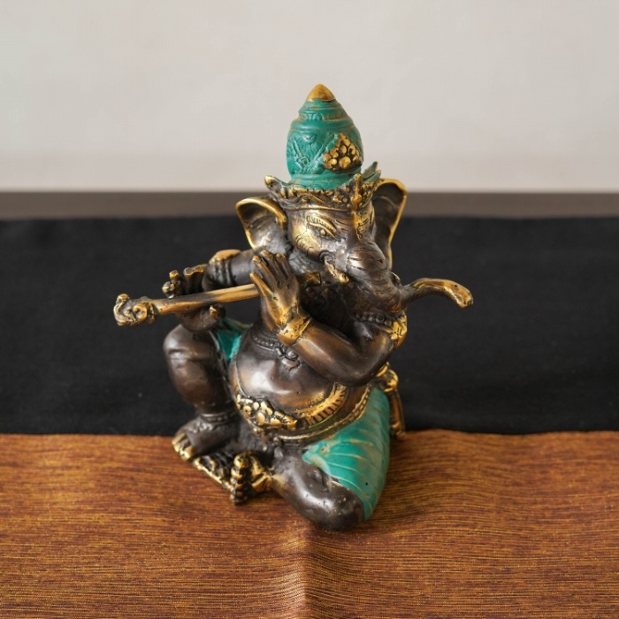 横笛を吹くガネーシャ ブロンズ製オブジェ【53851】 /アジアン雑貨