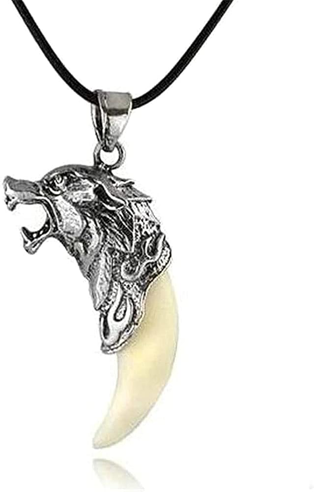 Mens Wolf Animal Pendant Necklace Retro Wolf Dog Head Tooth Fang