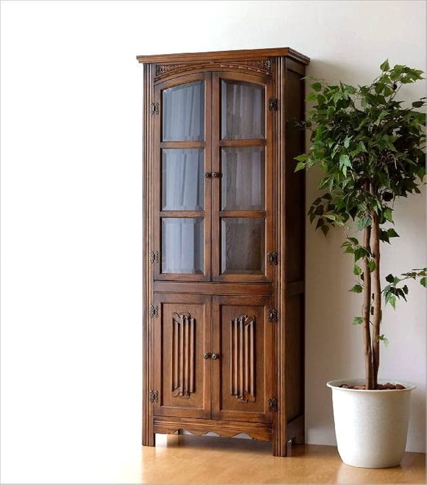 Amazon｜食器棚 カップボード キャビネット ガラス扉付き 収納 木製