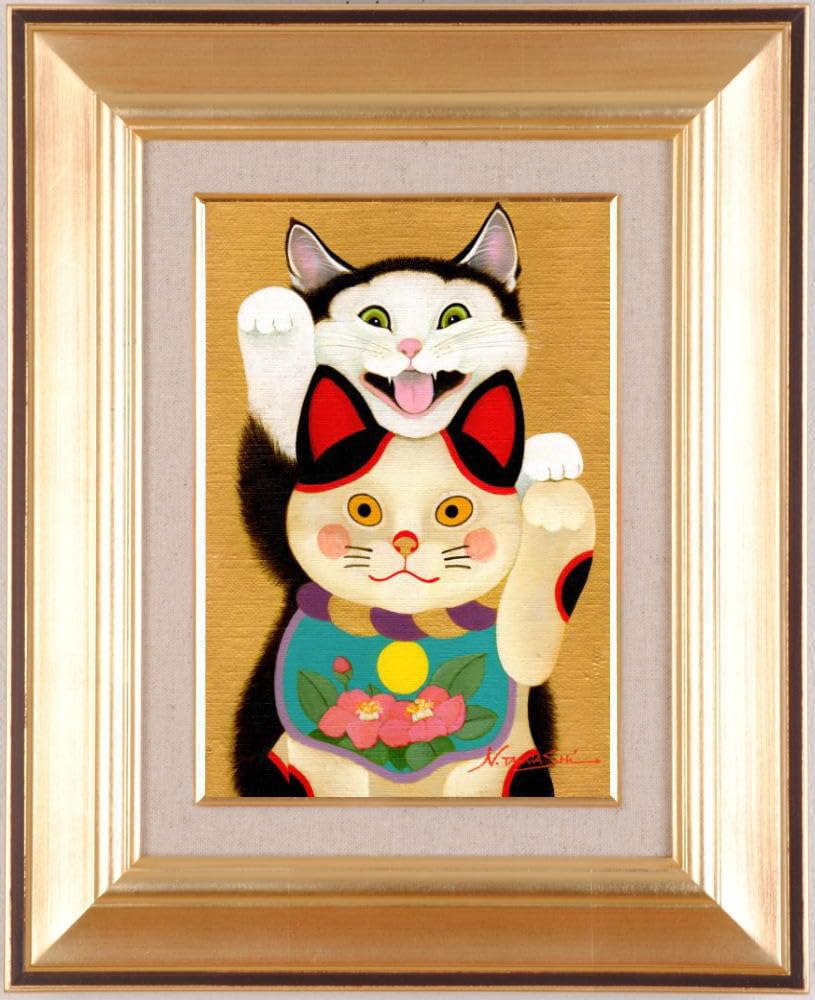 油絵 菅家令子絵 絵画インテリア額付(青緑＋金色の枠)F4-090818猫犬