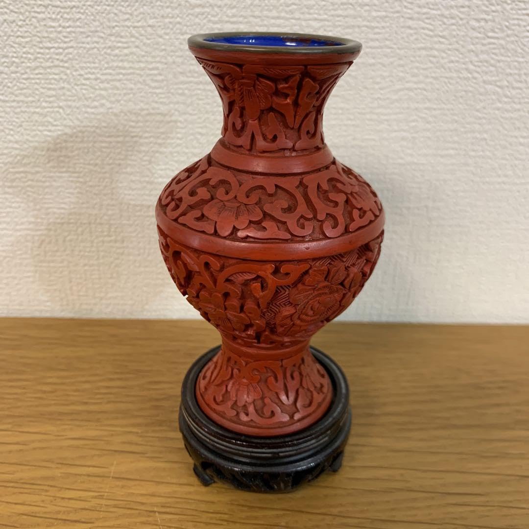 Amazon.co.jp: 32) 中国美術 堆朱 漆彫り花瓶 彫漆花瓶 堆朱 朱色の