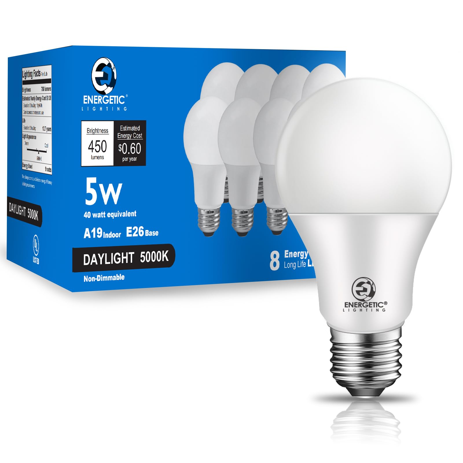 E ENERGETIC LIGHTING 40W Equivalent, A19 LED Light Bulb, 5000K