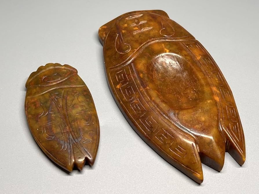 Amazon.co.jp: 中国古美術古玉手彫り虎頭せみ玉蝉根付文鎮筆添硯親子式