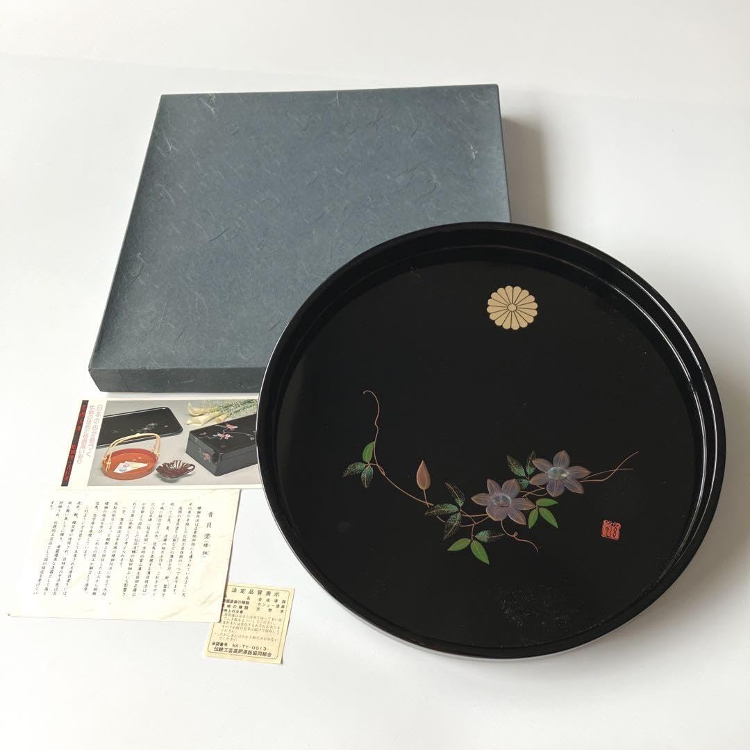 Amazon.co.jp: 高岡漆器 青貝塗り 螺鈿 丸 お盆 丸盆 漆器 天然木 花柄