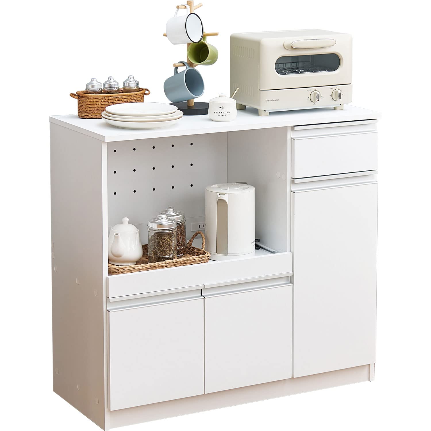 Amazon｜萩原 キッチンカウンター 食器棚 チェスト レンジ台 大容量 2