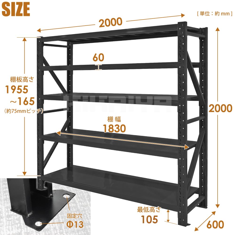 Amazon｜KIKAIYA スチールラック 5段 ブラック 業務用 中量棚 メタル