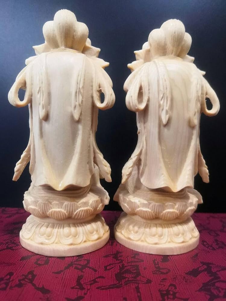 修縁堂】彫刻仏像 2点セット Q版観音 観音菩薩 観音像 置物 木彫 開運風水