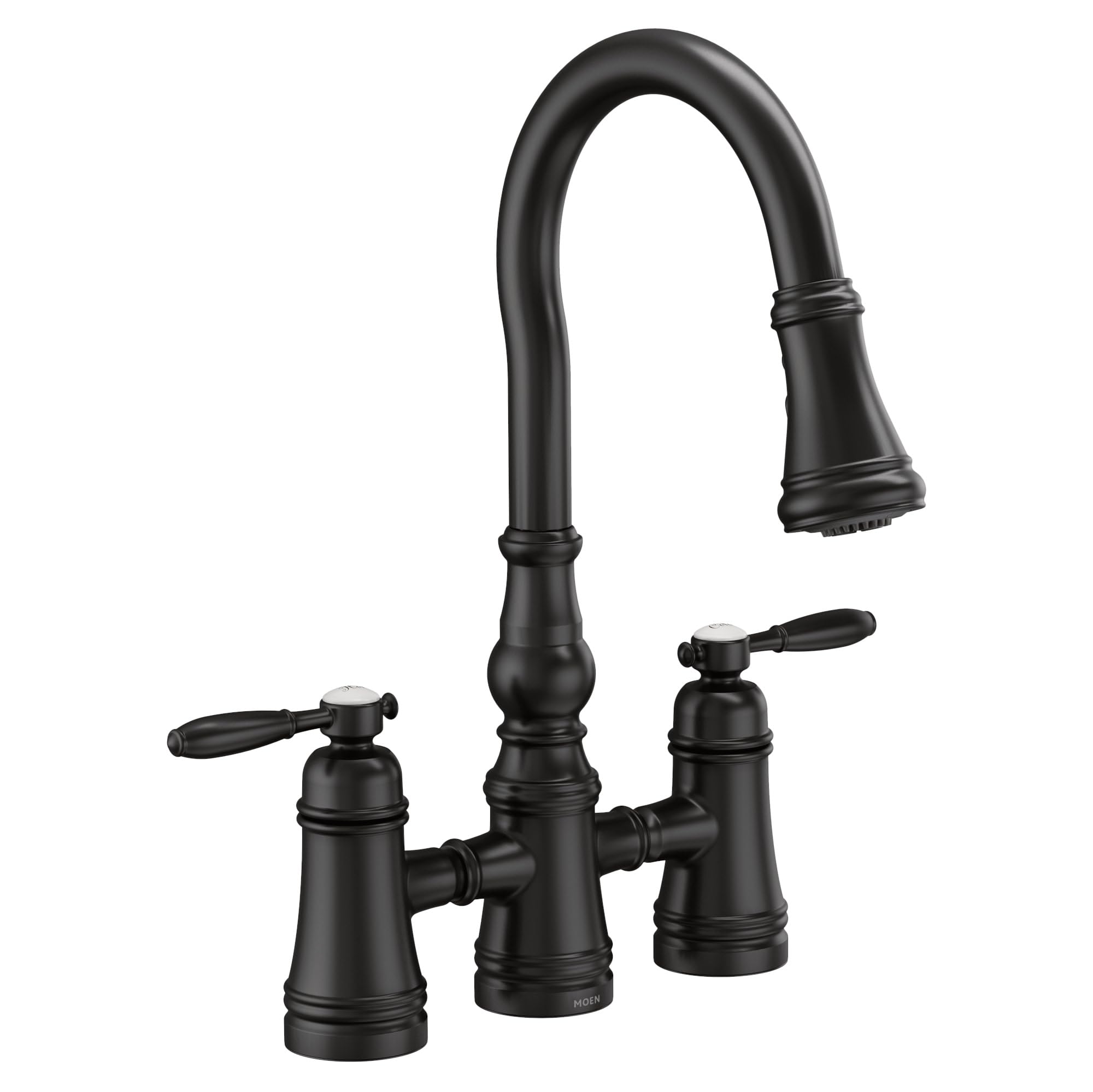 Moen Weymouth Matte Black Two Handle Pulldown Bridge Kitchen