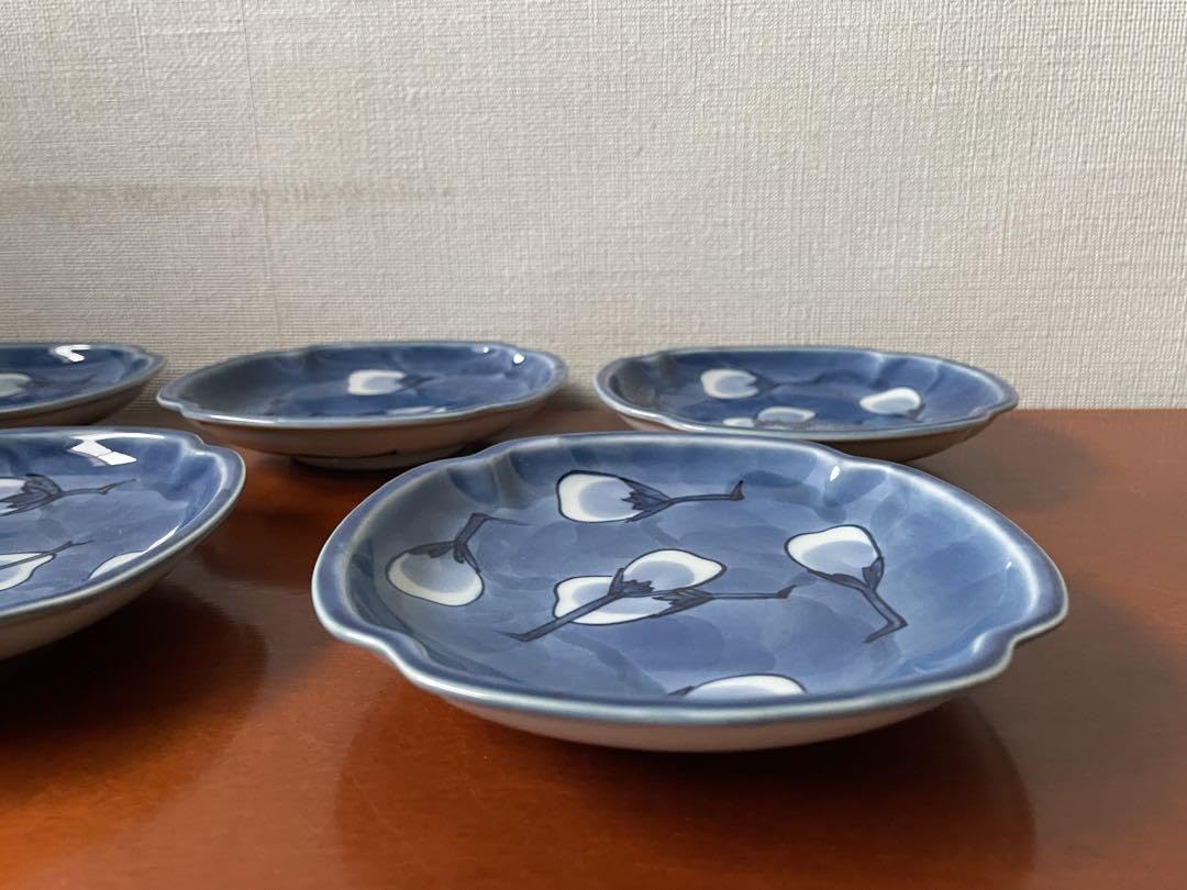 源右衛門窯 染濃 茄子絵 木瓜型 銘々皿 向付 5客組 共箱 源右衛門窯 染