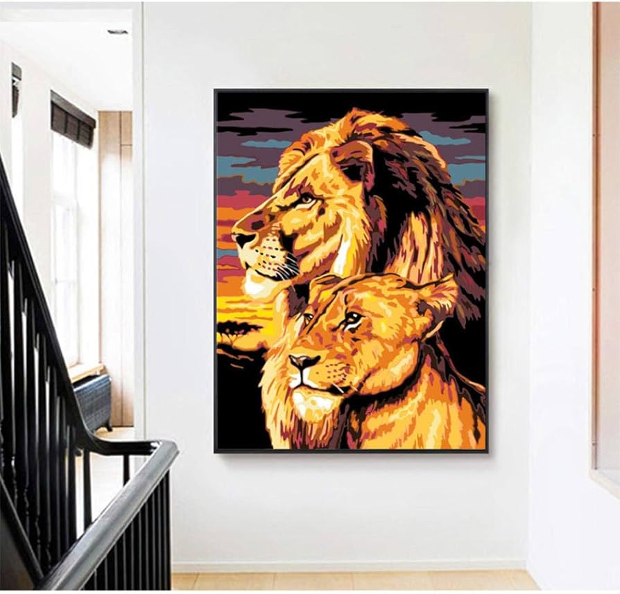 Amazon.co.jp: 数字でフレームレスライオンDIY絵画キャンバス壁アート