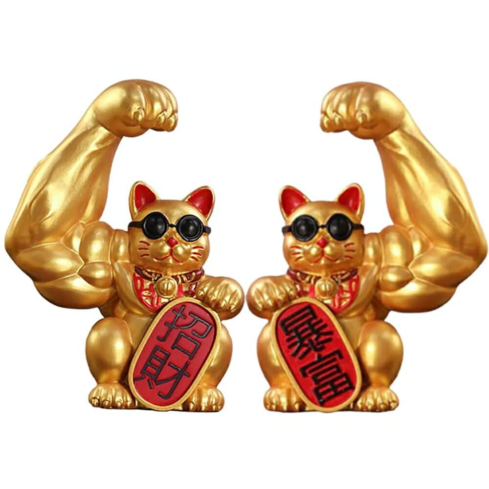 Amazon.co.jp: [AiO JAPAN] 風水 置物 マッスル 招き猫 ゴールド 2体