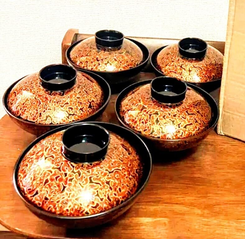 Amazon.co.jp: 会津塗金虫食塗吸物椀揃5客セット職人の丁寧な技が光り