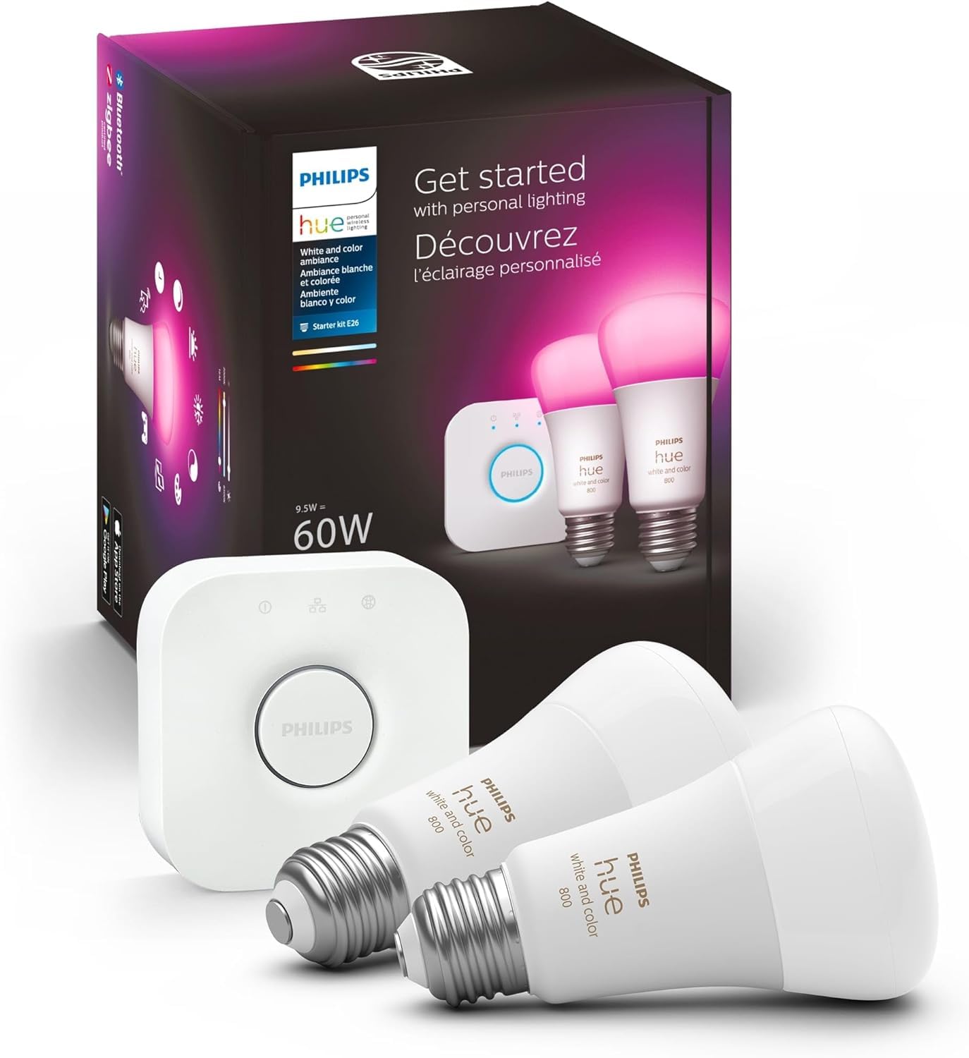 Philips Hue Smart Light Bulbs Starter Kit, Includes (1) Bridge, (2