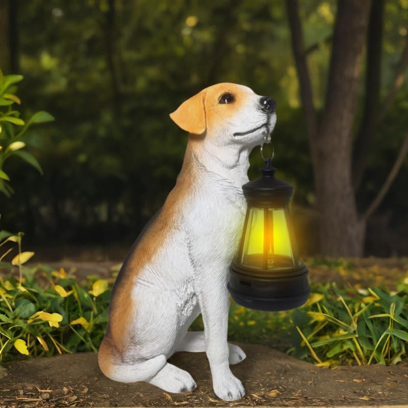 Beagle Dog Garden Statues with Solar Lantern, Outdoor Figurine