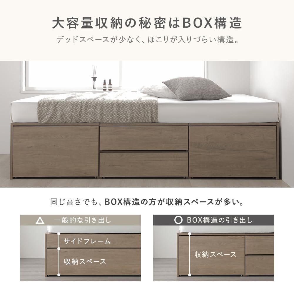 Amazon｜RASIK ベッド 通常丈ダブル フレームのみ グレージュ 収納付き