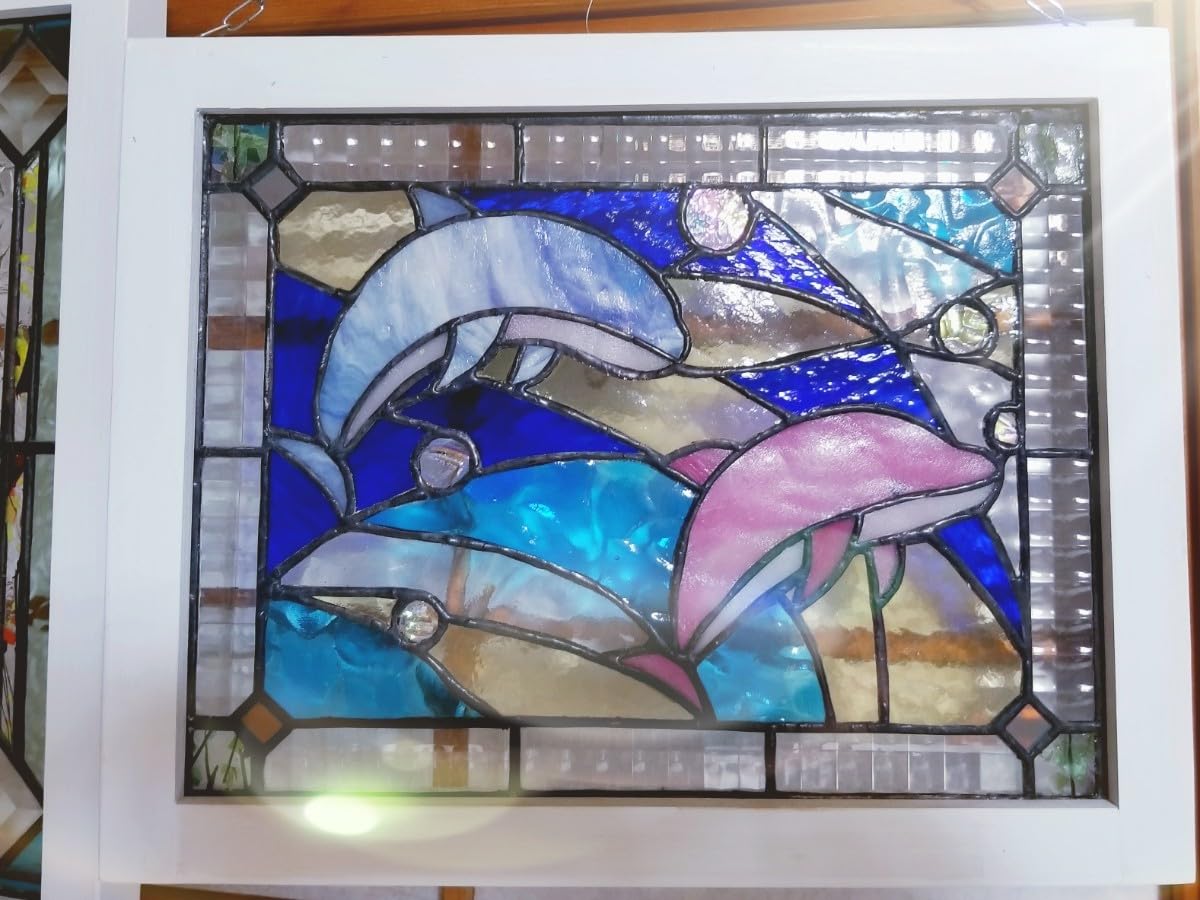 Amazon.co.jp: ステンドグラス 2色のイルカのパネル(スタンド付