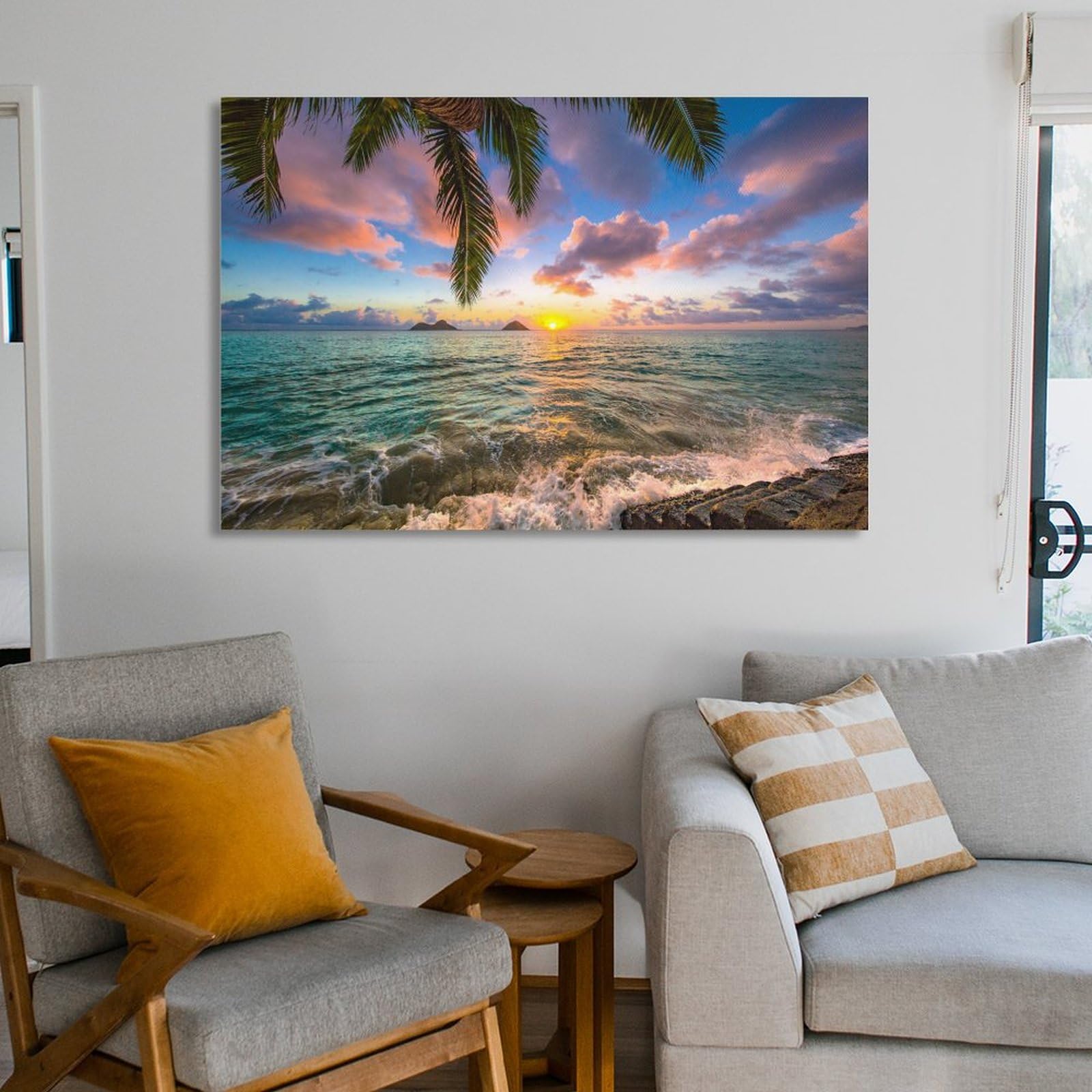 Amazon.co.jp: 絵画 ヤシの木と海に沈む夕日インテリア 絵画 ハワイ