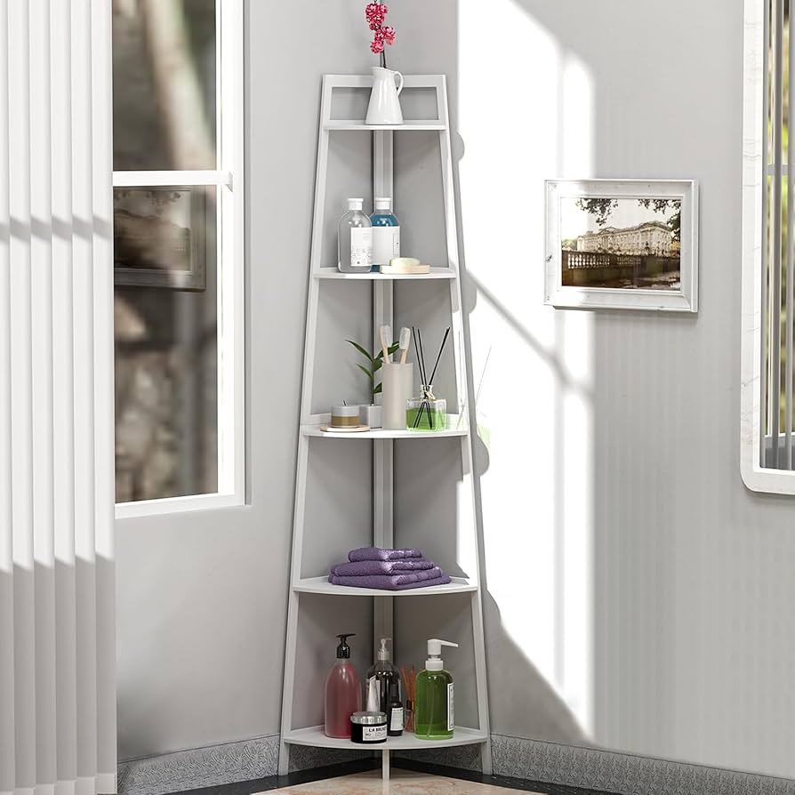 Amazon｜コーナーラック 天然素材 竹製 コーナーシェルフ 白 5段