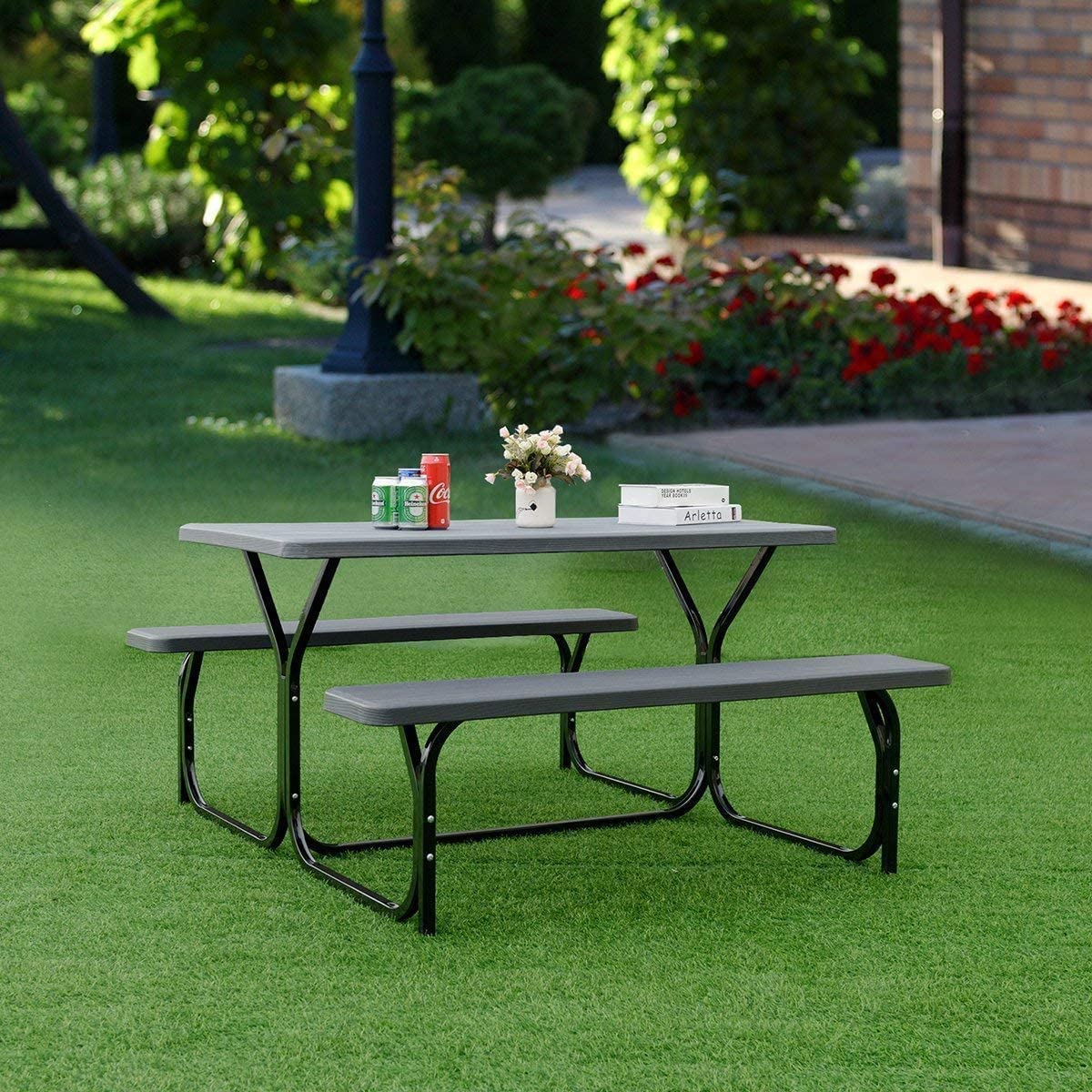 Amazon.com : HAPPYGRILL Outdoor Picnic Table Bench Set with Metal