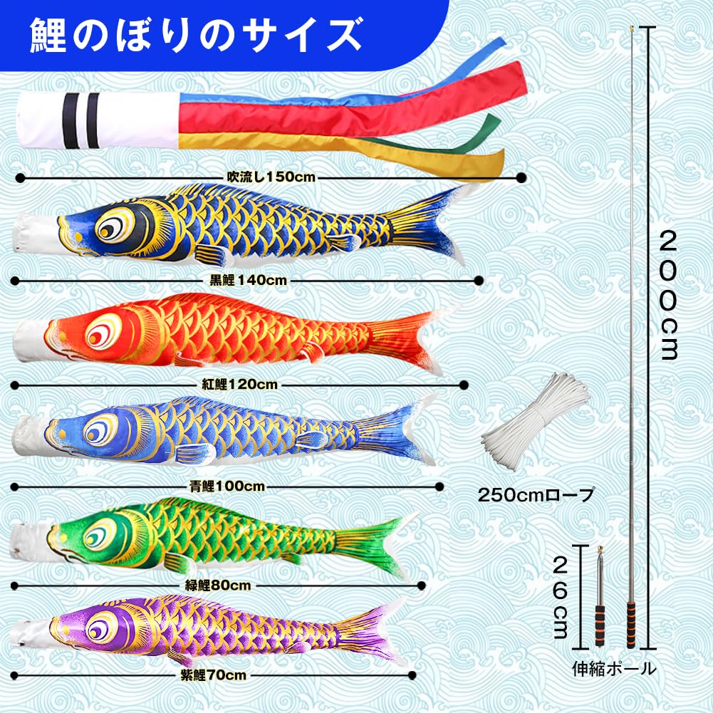 Amazon | 鯉のぼり こいのぼり 1.5mフルセッ 金箔 ベランダ用 鯉5匹 2m