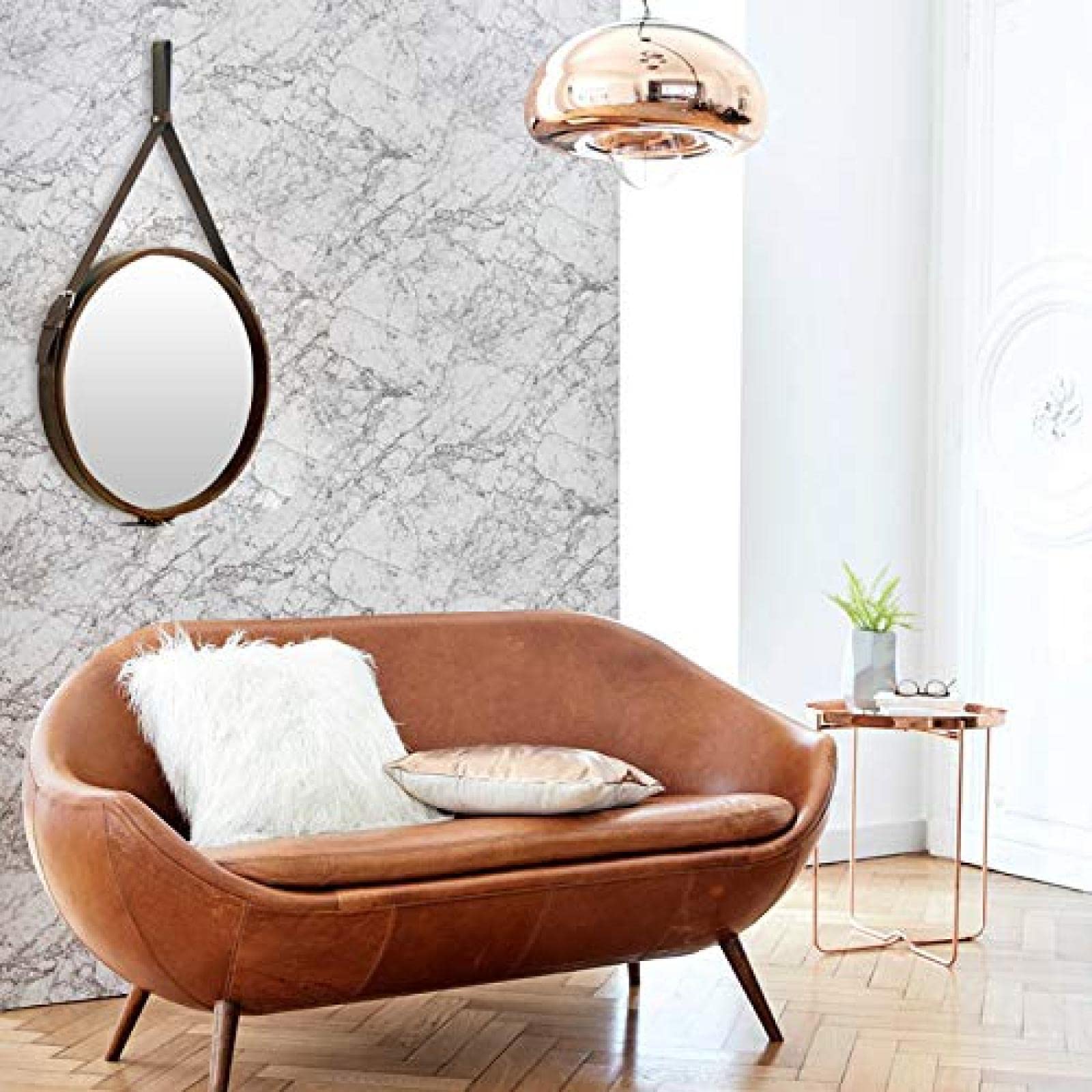 Amazon.co.jp: 掛かる革紐が付いている円形ミラー、 ウォールマウント