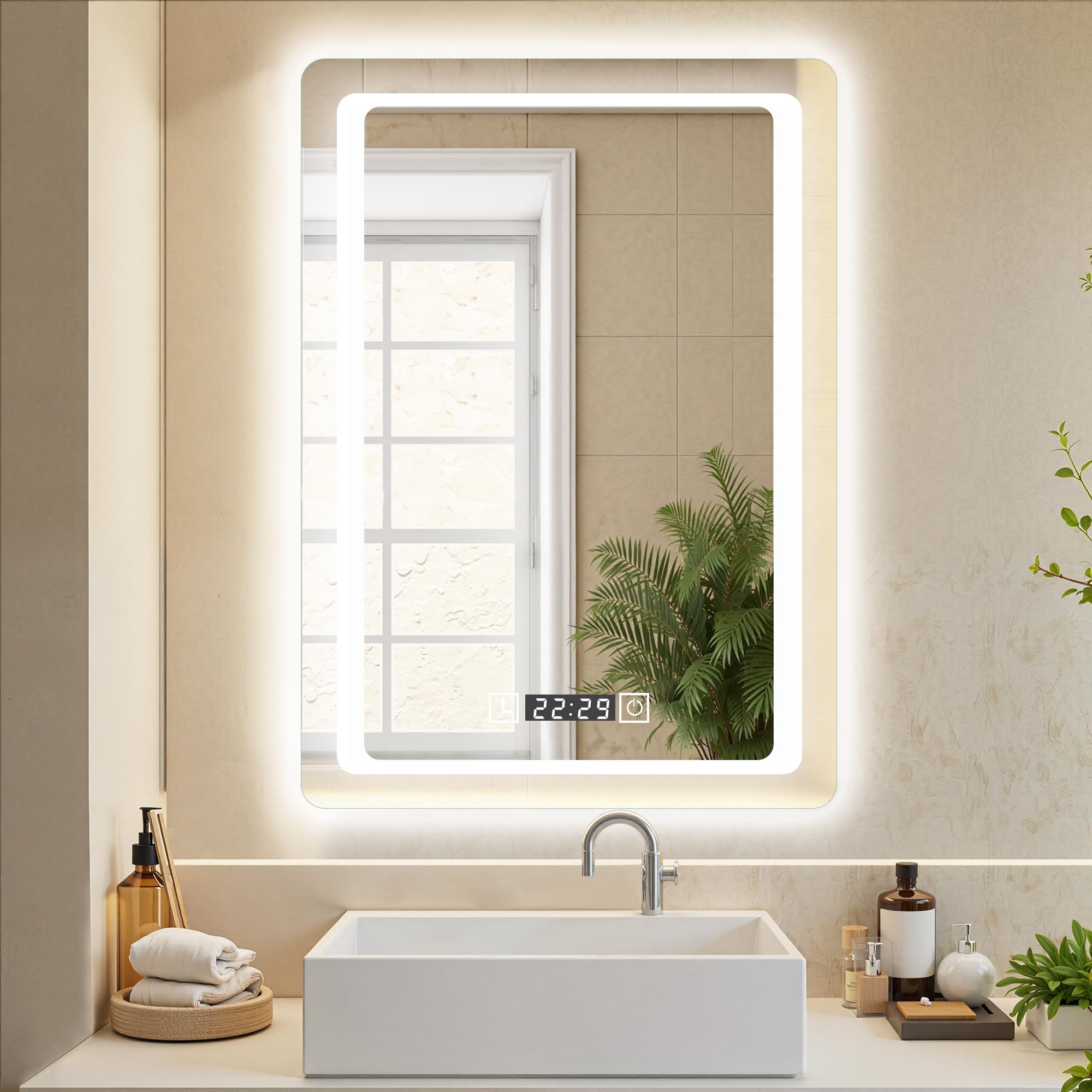 Amazon.co.jp: Bacoer ミラー 鏡 LED 壁掛け 照明付き 化粧鏡 洗面所