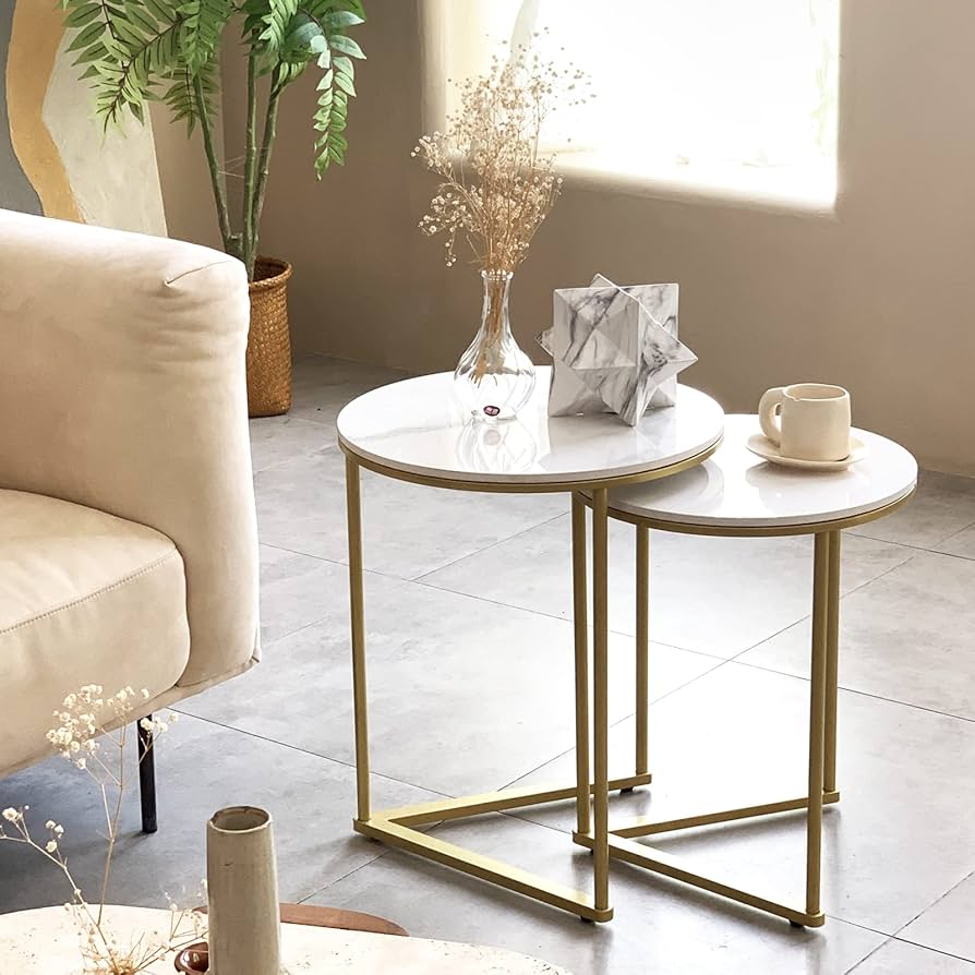 エレガント ネストテーブルセット - 焼結石×ゴールド脚2脚