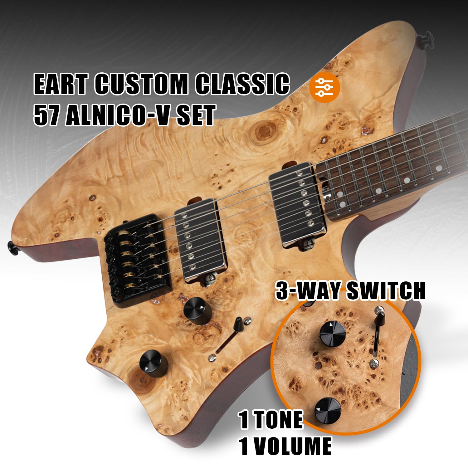 EART Elektro Gitar 6 Telli Başsız Gitar Tam Boy H-H Pick-up, Sert