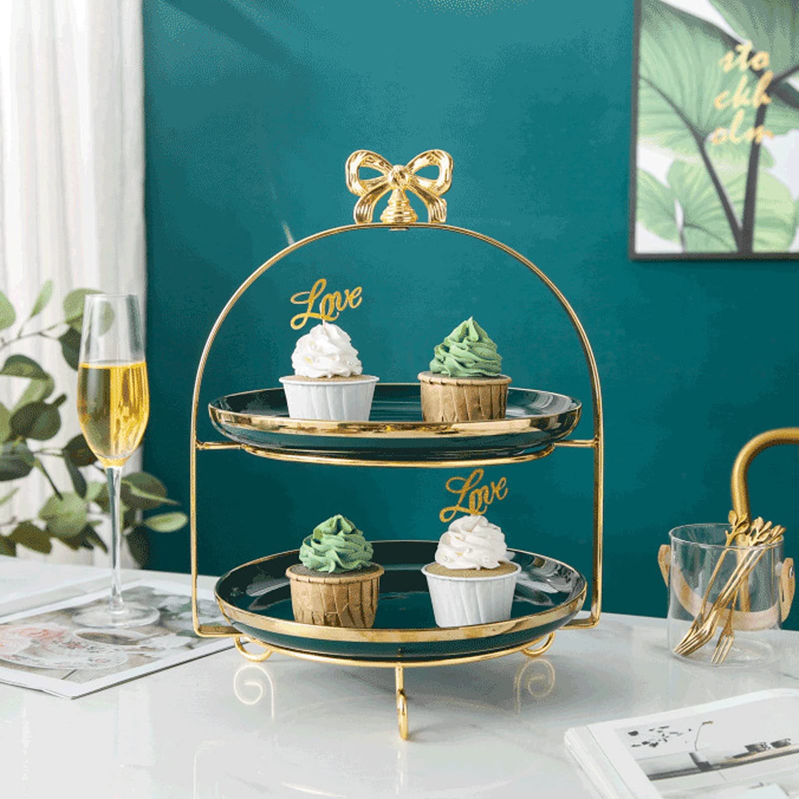 Cake Stand 2-Tier Cake Stand with Bow Handles Multi-Color Ceramic