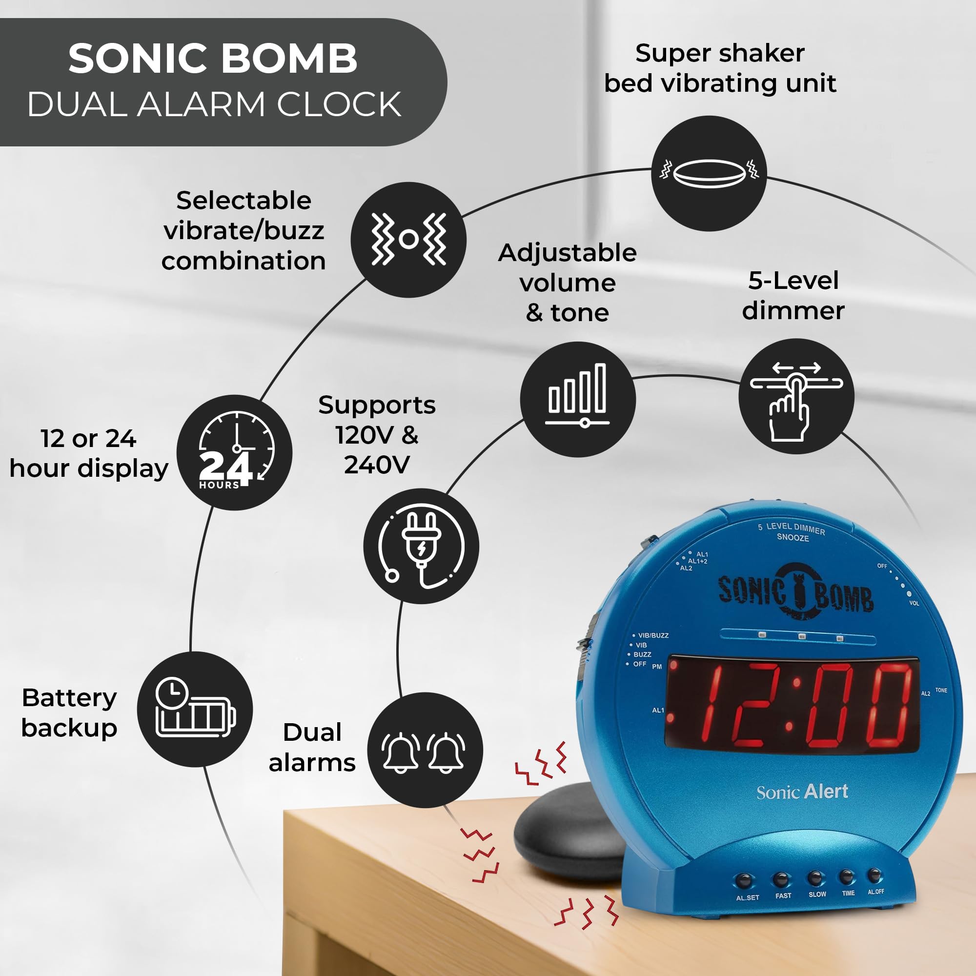 Amazon.co.jp: Sonic Alert Sonic Bomb デュアル目覚まし時計 ベッド