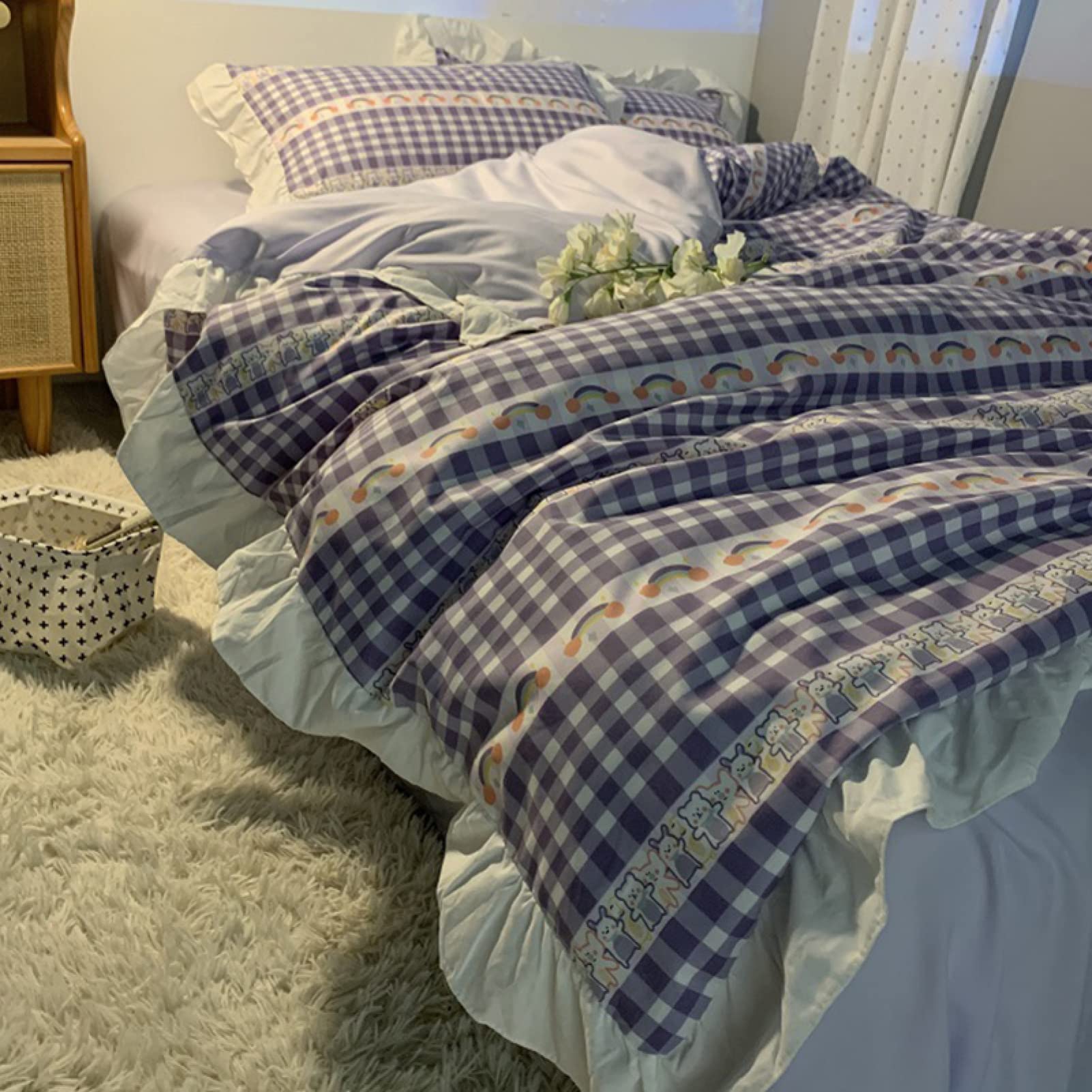 Amazon｜布団カバー シングル 3点セット チェック柄 フリル 可愛い
