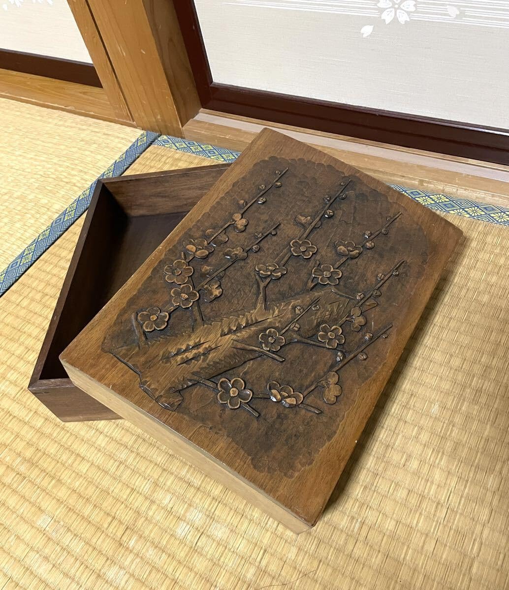 Amazon.co.jp: 硯箱文箱木彫り花彫刻木製木箱小物入れ木工芸天然木彫刻