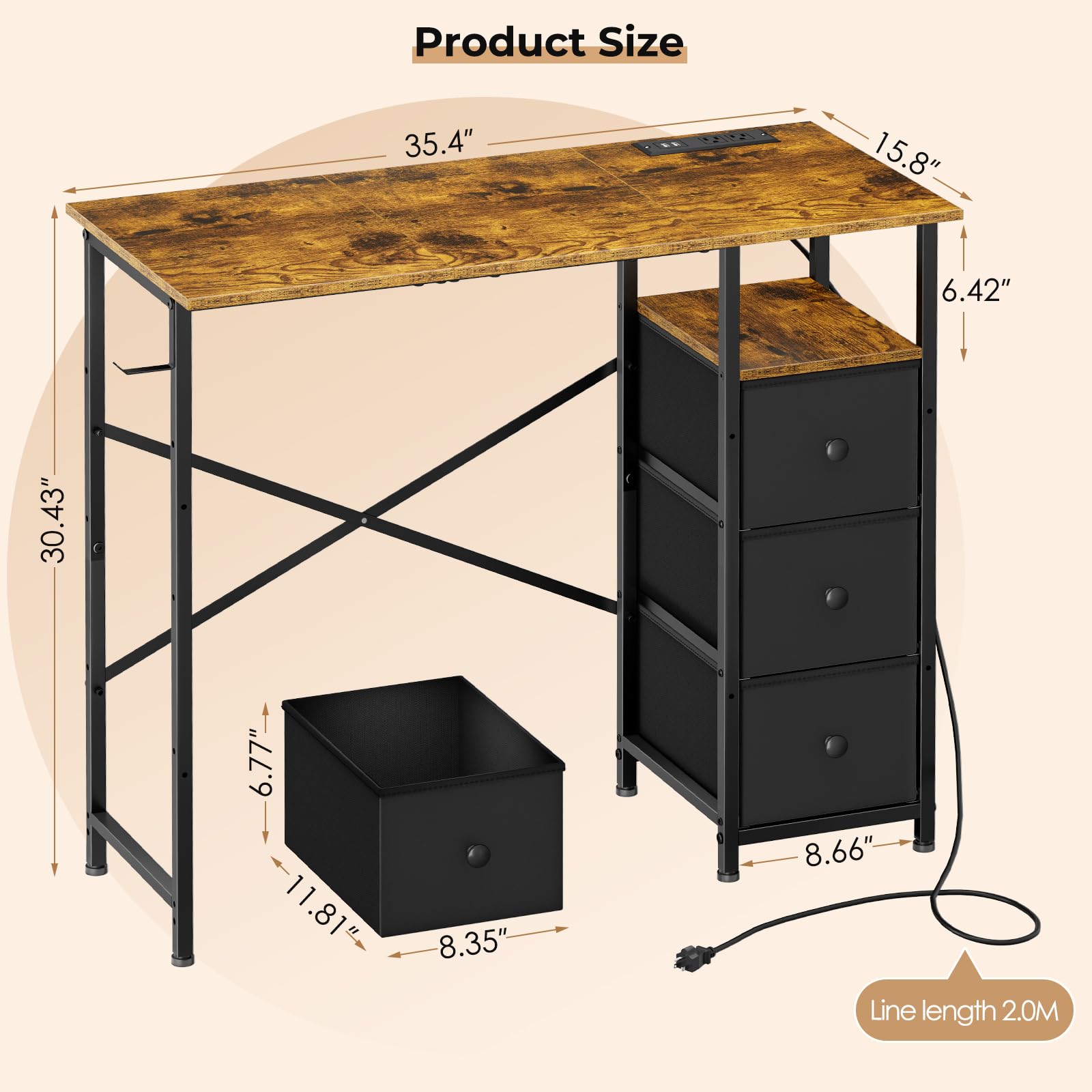 Amazon | 35.4インチ 小型コンピューターデスク 布製引き出し3個と電源