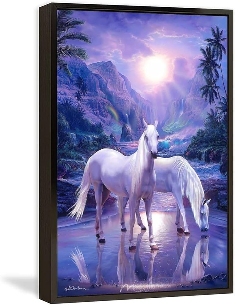 Amazon.co.jp: 絵画 湖の水を飲む白い馬インテリア 絵画 夢のような