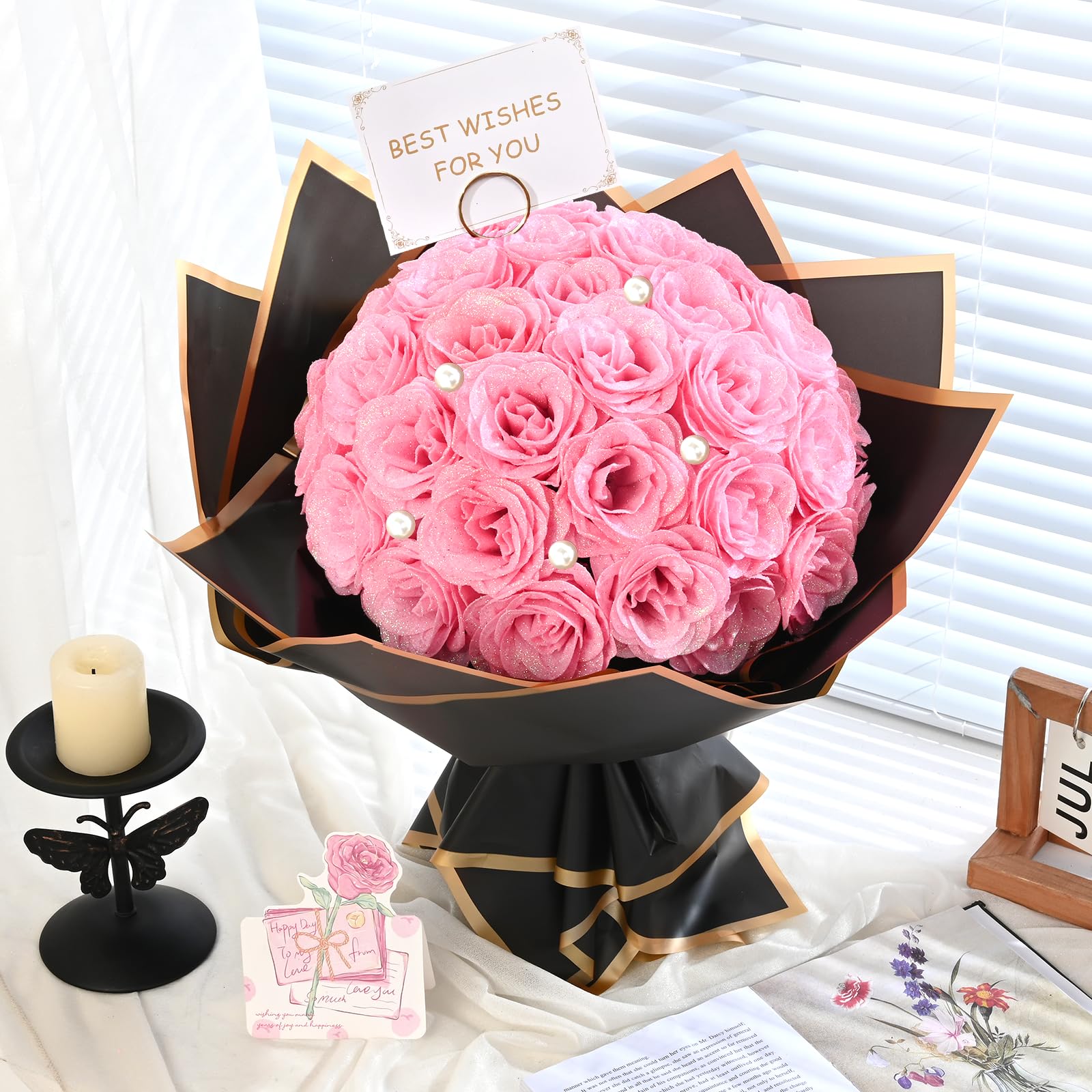 Amazon｜Waipfaru ピンク グリッター ローズブーケ DIY フェイク