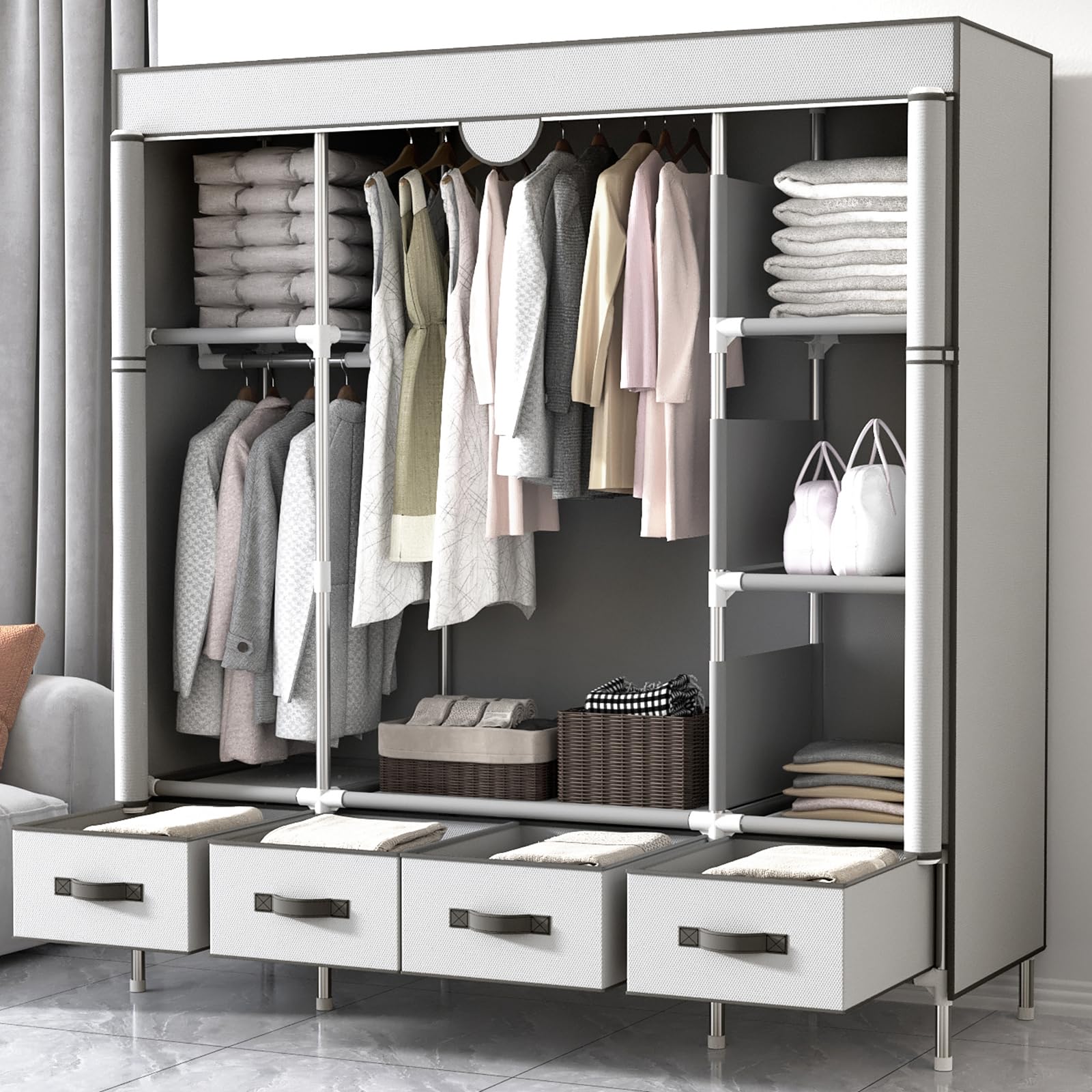 Amazon｜ワードローブ 大容量 収納クローゼット 引き出し4つ付き