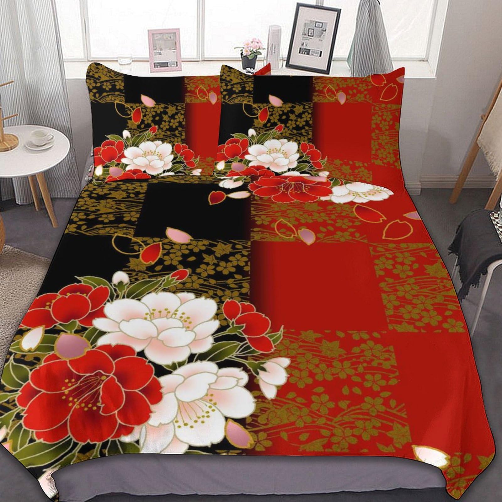 Amazon｜布団カバー 3点セット 黒 赤 レッド 可愛い 花柄 ベッド