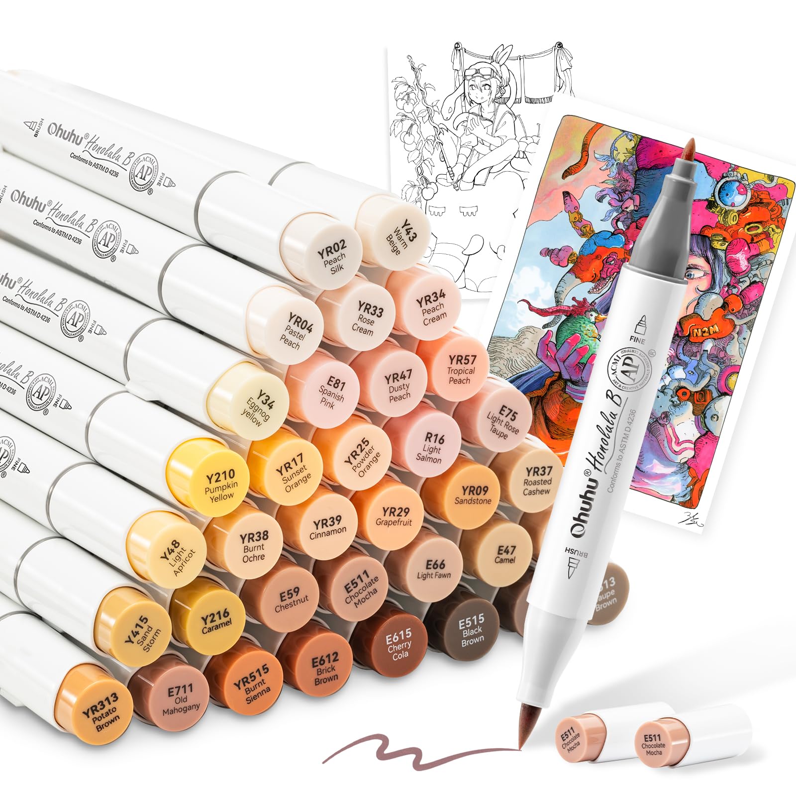 Amazon | Ohuhu マーカーペン 筆タイプ 36色37本 肌色系 プロ愛用