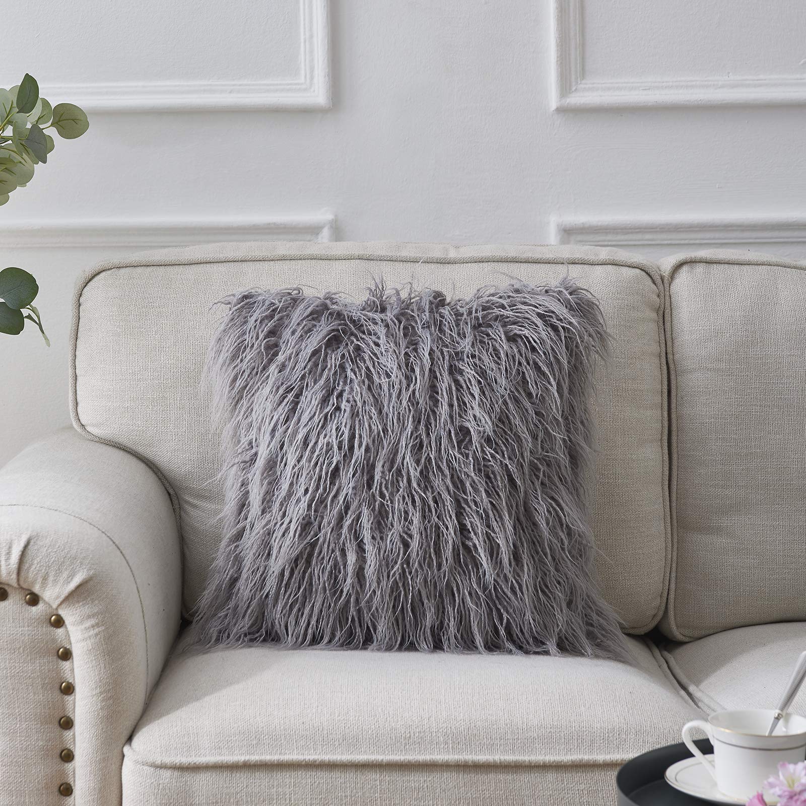 Amazon.co.jp: クッションカバー ロングファー フェイクファー グレー