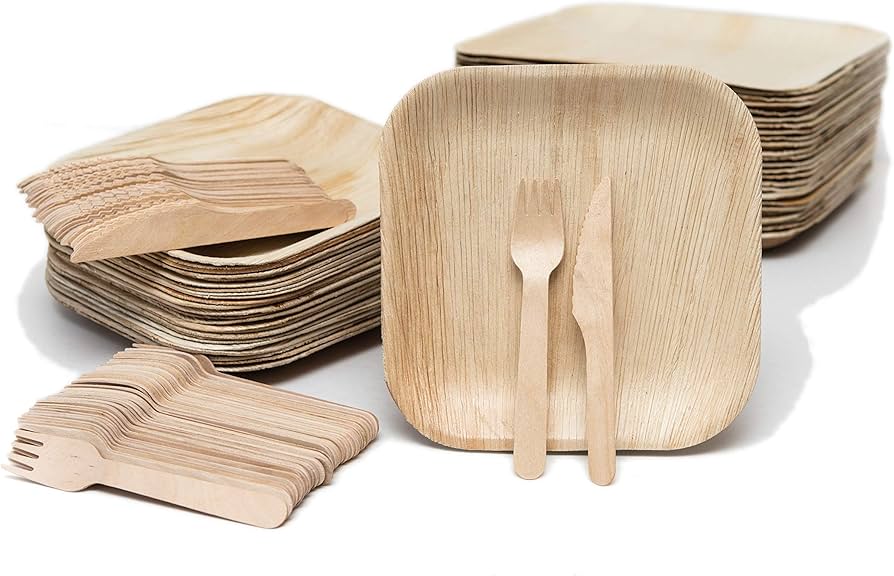 Amazon.com: EVERMADEGREEN Bamboo Plates with Cutlery - Set of 50
