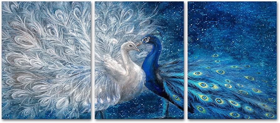Amazon.co.jp: OuElegent 孔雀 キャンバス ウォールアート 青と白