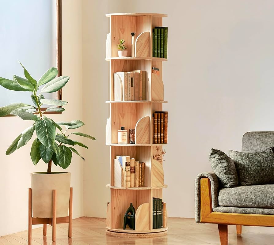 Amazon｜solevia 回転式本棚 5段 A4が収まる直径46cm 天然木 図鑑対応