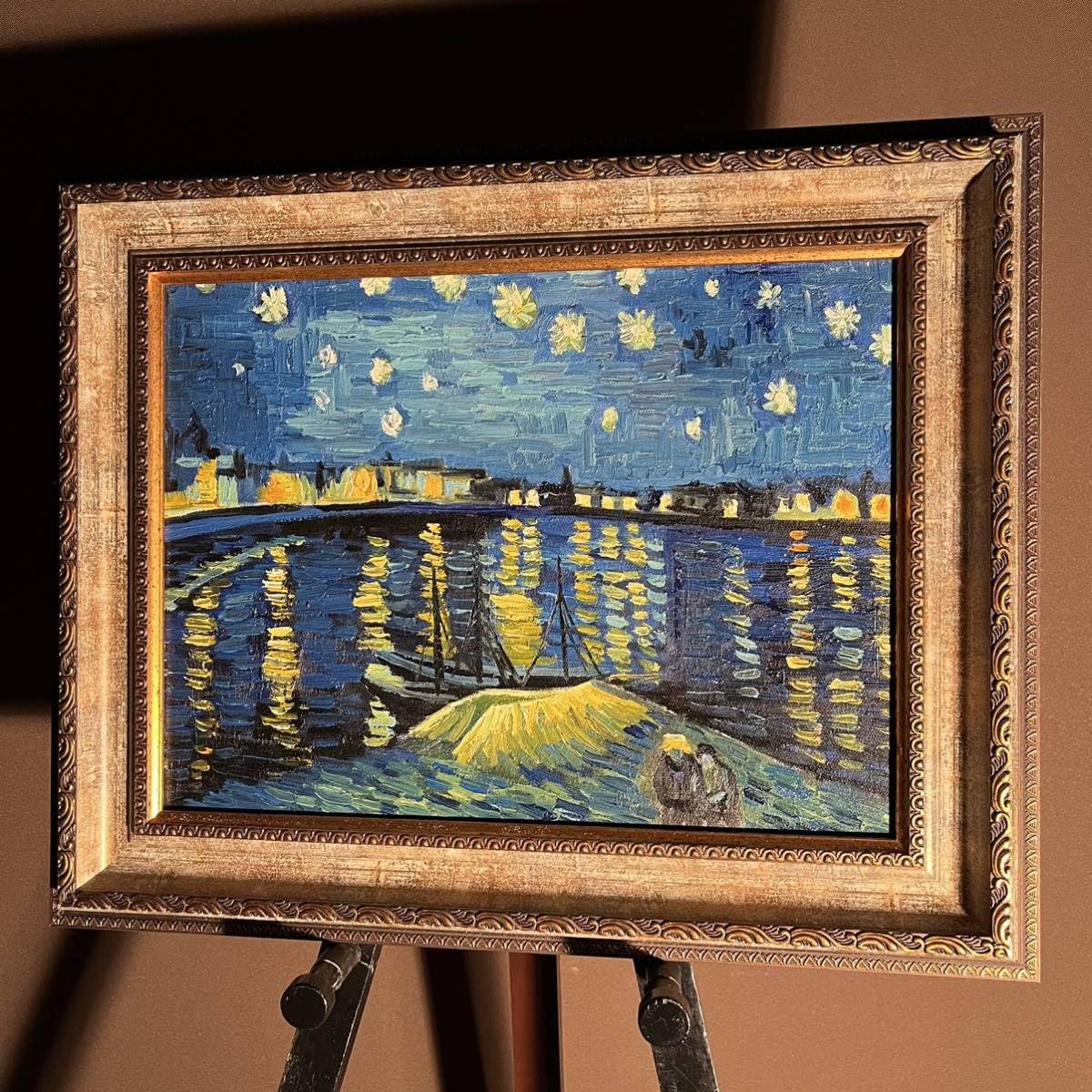Amazon.co.jp: 手書き油絵 ゴッホ ローヌ川の星月夜 額付 絵画