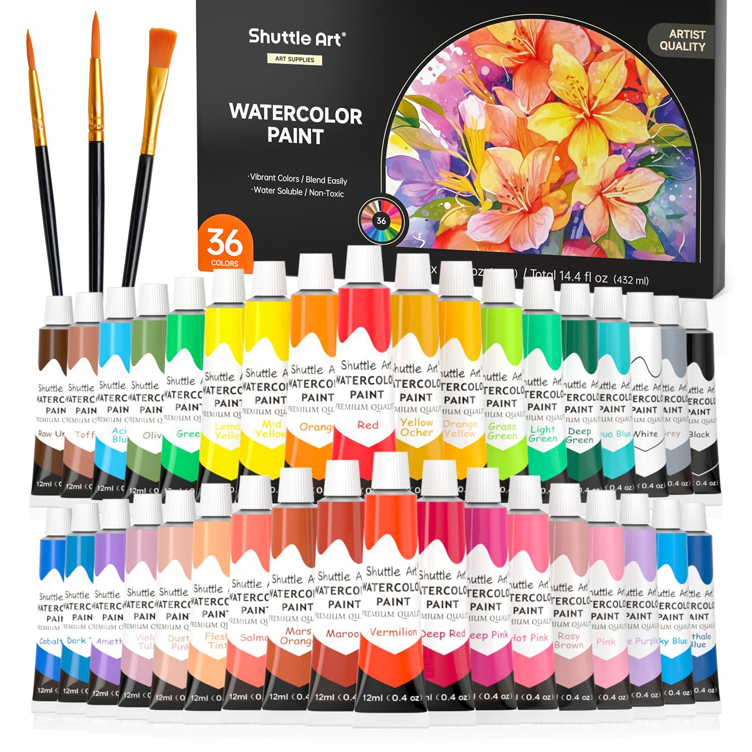 Amazon | Shuttle Art 水彩絵の具 36色セット 透明色 12ml チューブ