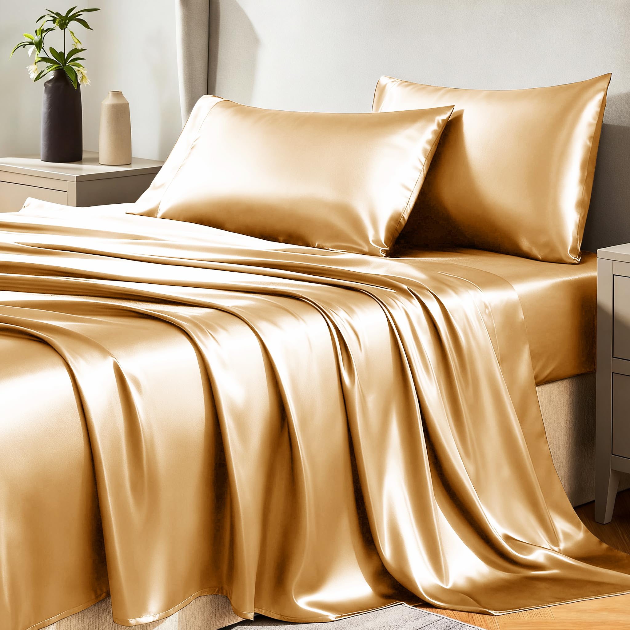 Amazon｜CozyLux サテンシーツ キングサイズ - ゴールドベッドシーツ4
