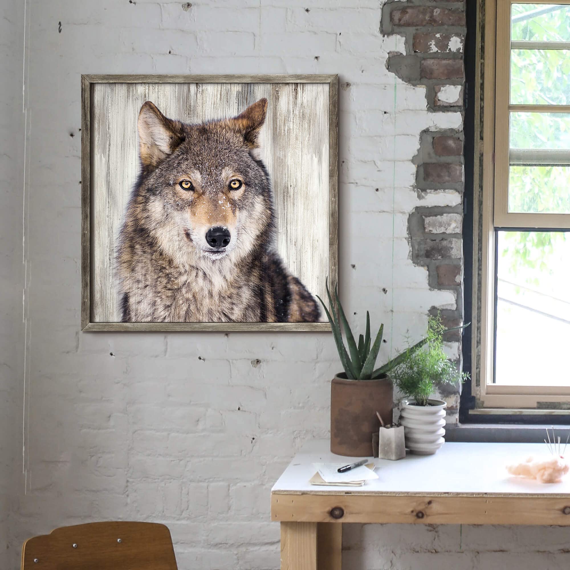 Amazon.co.jp: ベージュ オオカミ 絵 壁飾り:木製フレーム入り 動物画